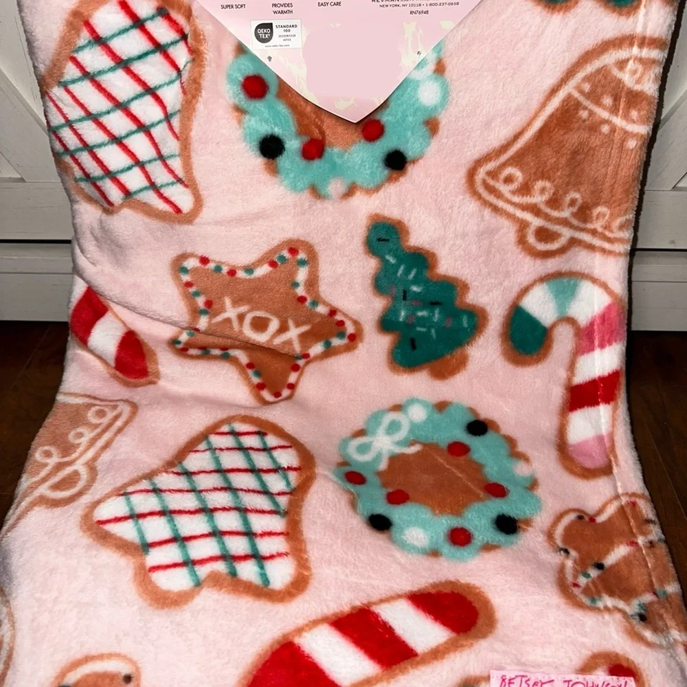 Betsey Johnson Pink Holiday Gingerbread Plush Throw Blanket